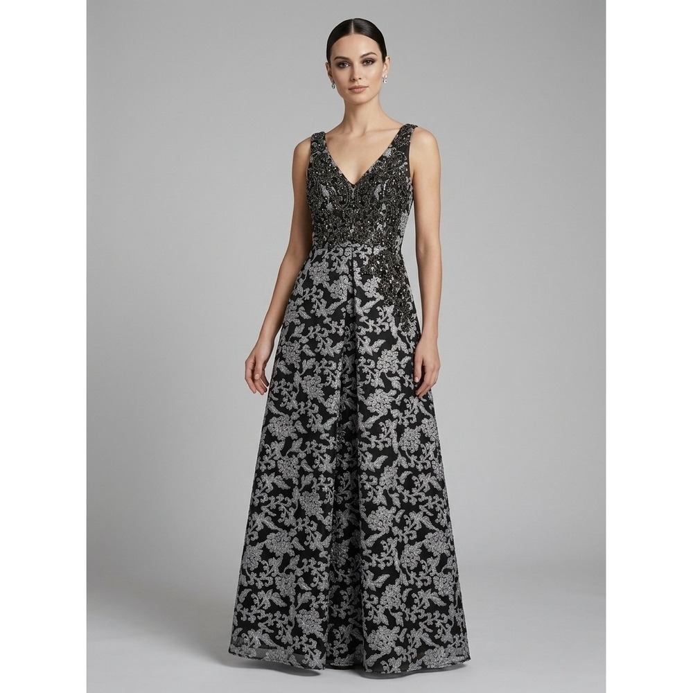 THEIA Beaded Floral Embroidered V-Neck Evening Gown Black Silver Women's Size 6